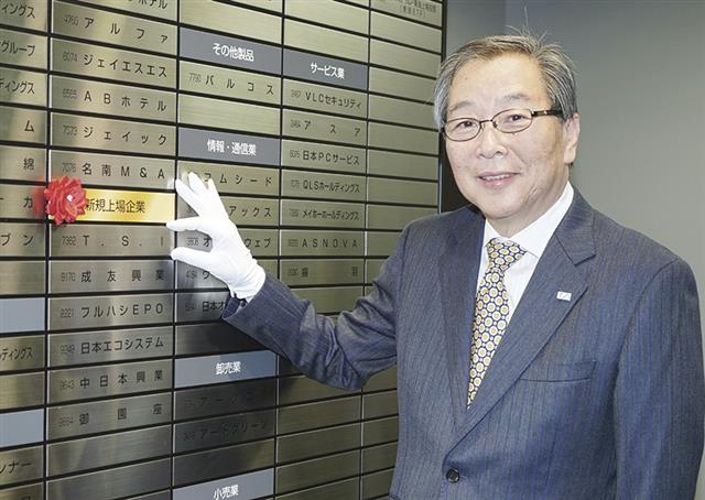 銘柄ボードに手を添える北山社長