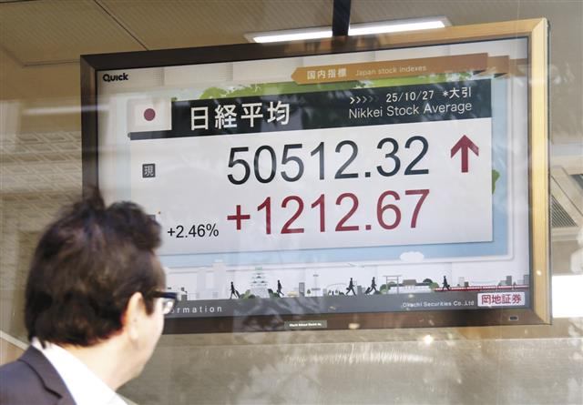 急ピッチの株価上昇に驚きの声が上がった(名古屋市中区の岡地証券前で)