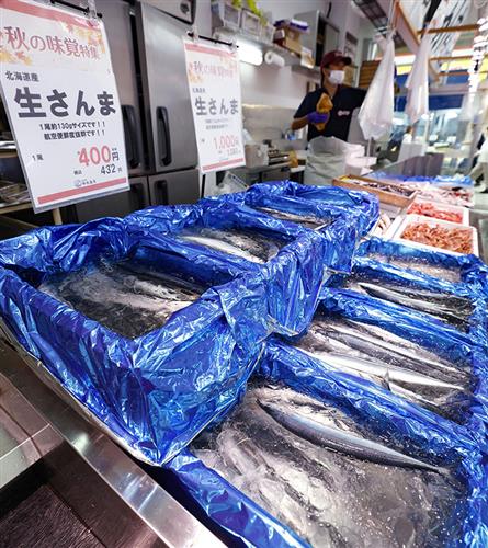 東京都品川区で魚を売っている「中與(なかよ)商店」にならぶサンマ=9月