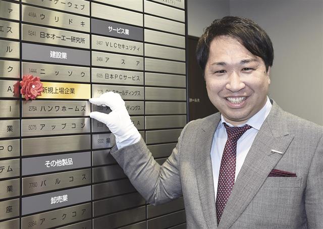 銘柄ボードに手を添える鶴社長