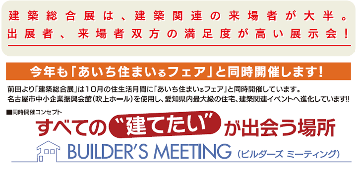 建築総合展は、建築関連の来場者が大半。出展者、来場者双方の満足度が高い展示会！今年も「あいち住まいるフェア」と同時開催します！